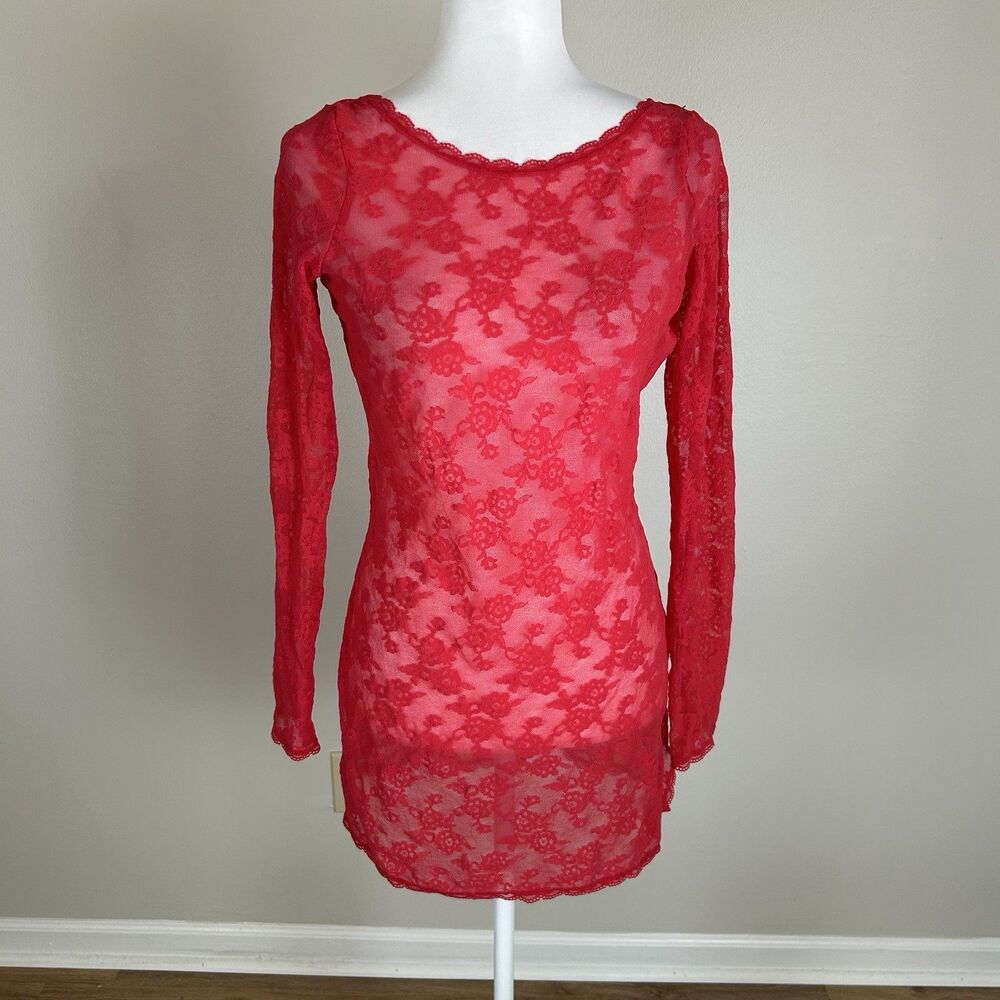 Victoria's Secret Neon Red Lace Long-Sleeve Mini Chemise Nightie Dress L Slip